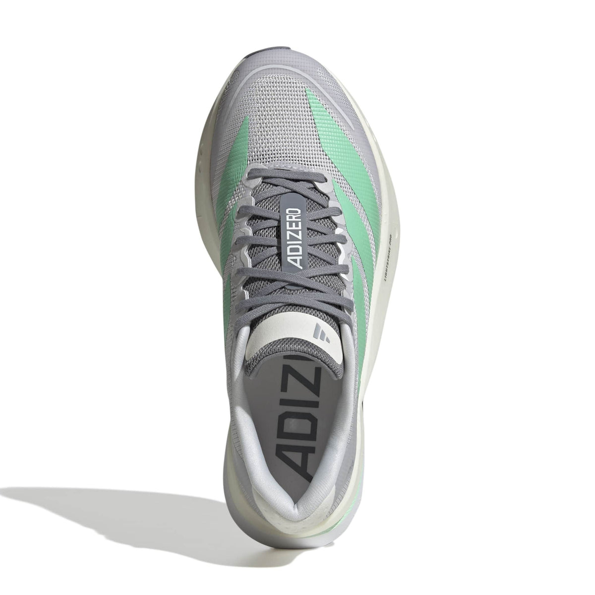 A single Adidas Adizero running shoe shown from a rear three-quarter view, featuring a light gray and white upper with mint green accents, gray laces, and a white sole on a white background.