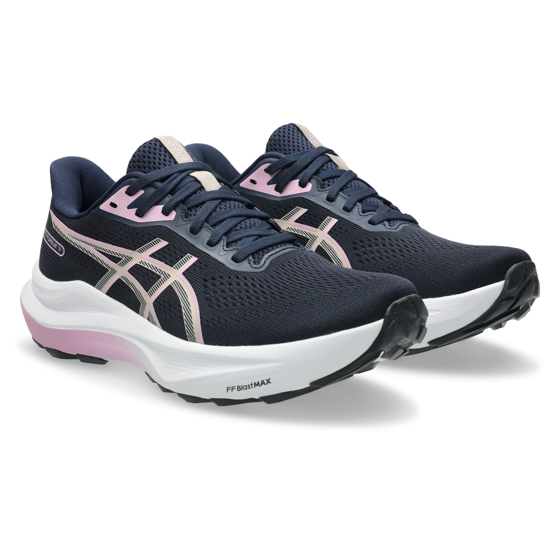 A pair of Asics running shoes in navy blue with light pink accents and a white midsole, shown on a clean white background.