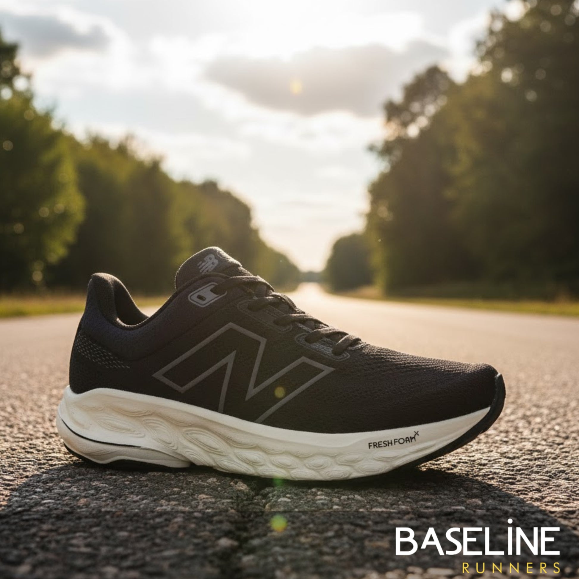 Black running shoe on a road with trees in the background, featuring the 'Baseline Runners' brand.