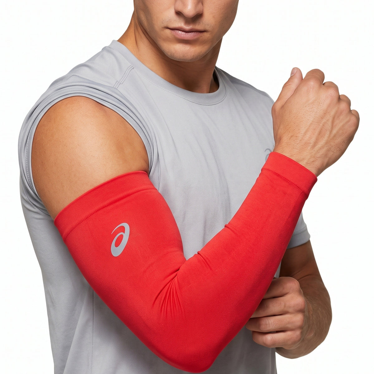 Red arm sleeve with a logo on a white background