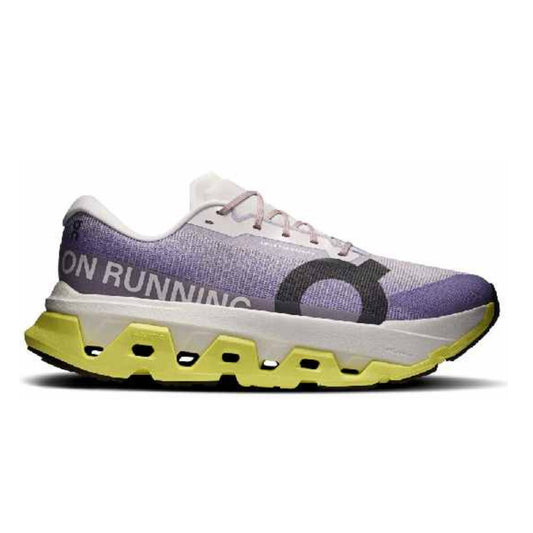 A single running On shoe shown in profile against a plain white background. The shoe features a light purple and white knit upper with a dark gray circular logo, white laces, a thick white midsole, and a bright yellow-green outsole.