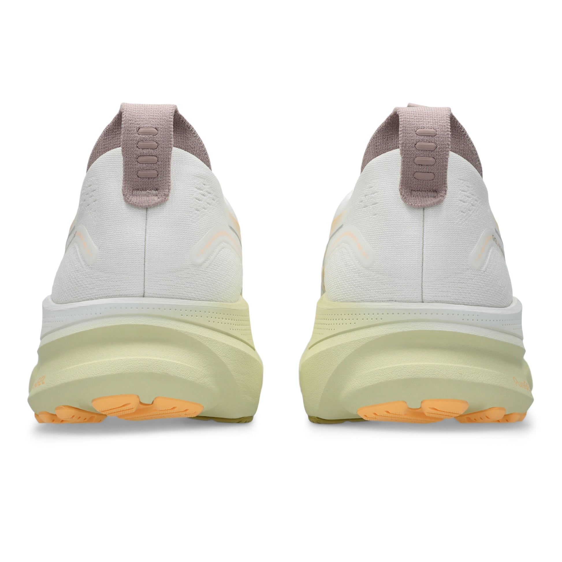 White Asics running shoes with orange accents on a white background