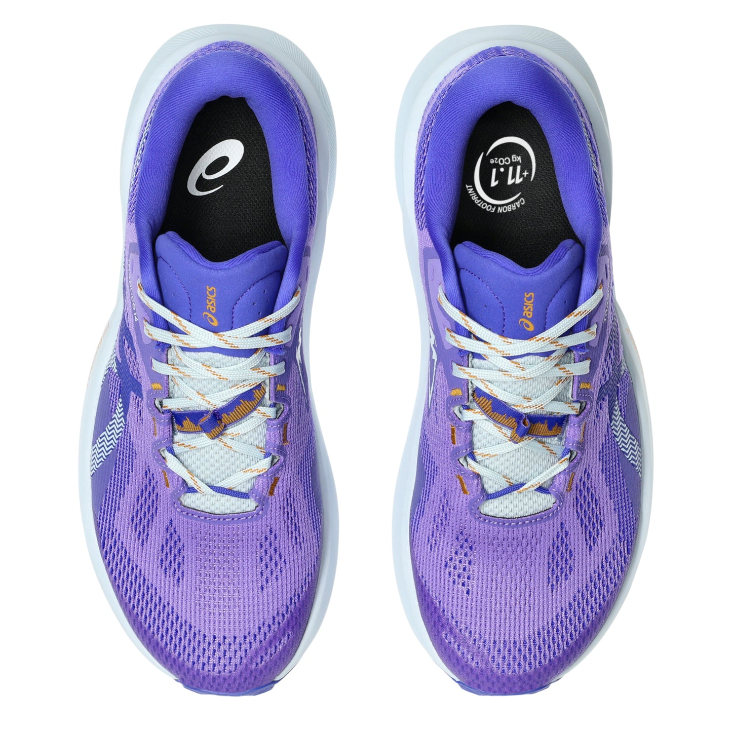 Purple Asics running shoes with white laces on a white background