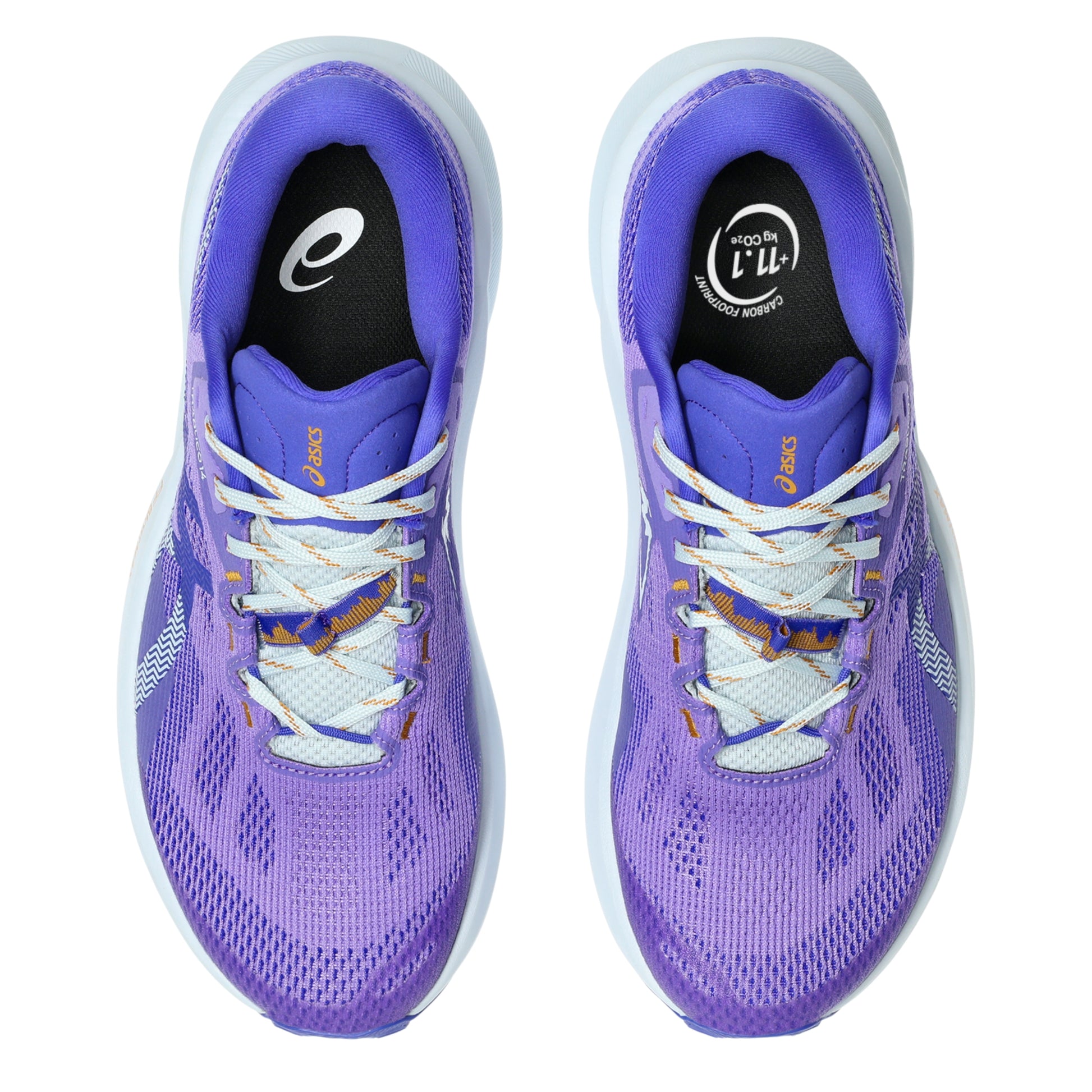 Purple Asics running shoes with white laces on a white background