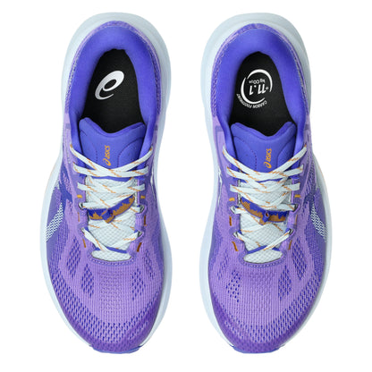 Purple Asics running shoes with white laces on a white background