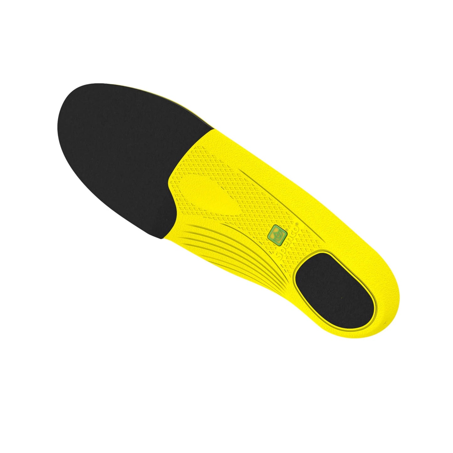 Bottom of a Yellow and black shoe insole on a white background