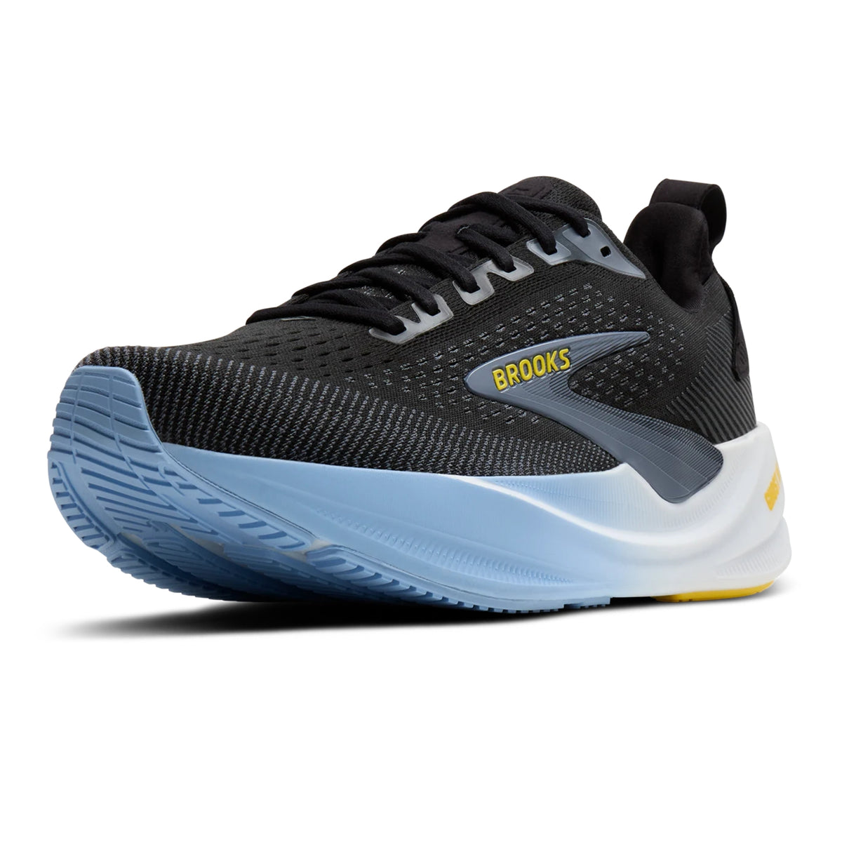 Brooks running shoe in black and light blue with a white midsole and yellow logo accents, shown on a white background.