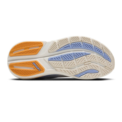 Sole of a running shoe with orange, blue, and white design on a white background