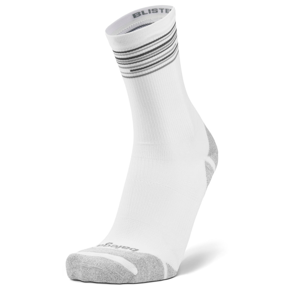 A single white crew-length athletic sock with gray accents on the toe, heel, and a striped pattern around the ribbed cuff. The brand name 'BLISTER' is visible on the top collar and near the toe.