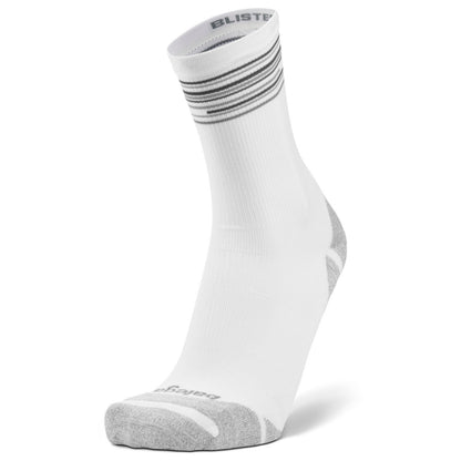 A single white crew-length athletic sock with gray accents on the toe, heel, and a striped pattern around the ribbed cuff. The brand name 'BLISTER' is visible on the top collar and near the toe.