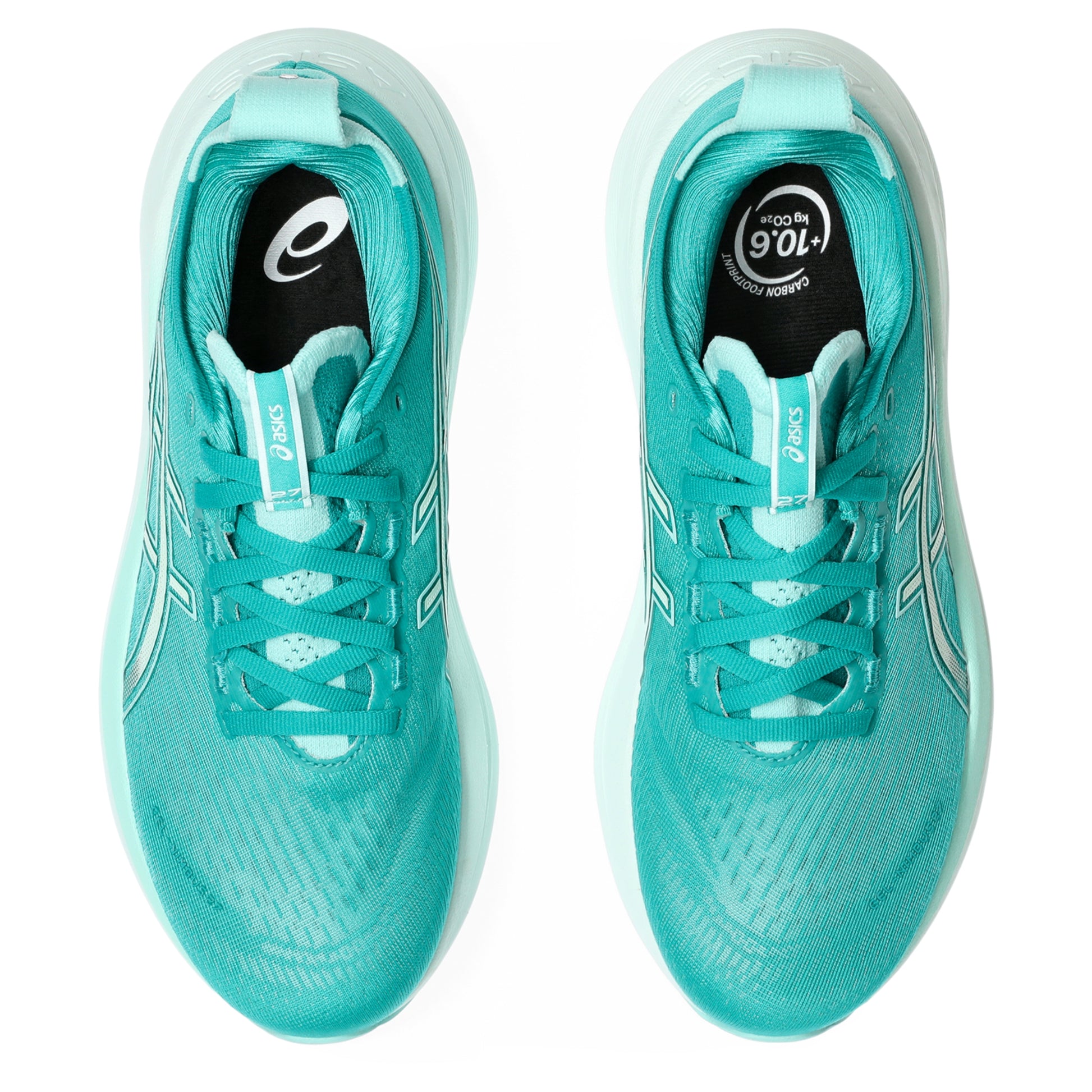Pair of teal running shoes with white accents on a white background