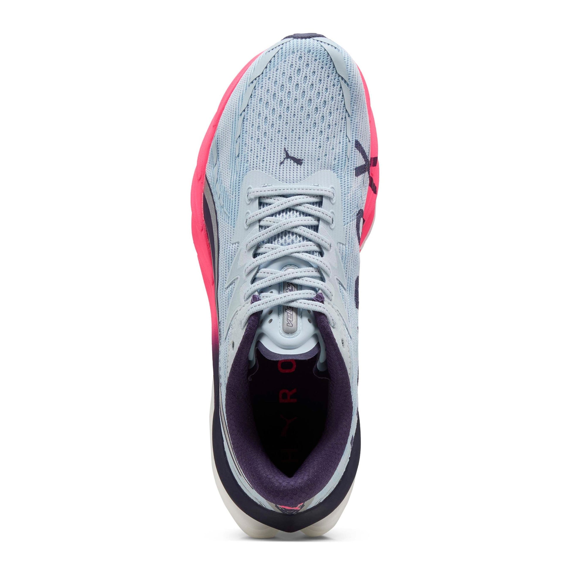 Puma running shoe with pink and blue accents on a white background