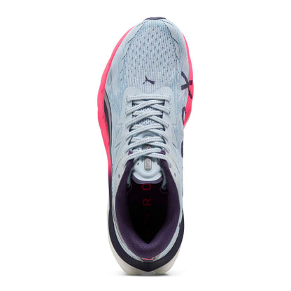 Puma running shoe with pink and blue accents on a white background
