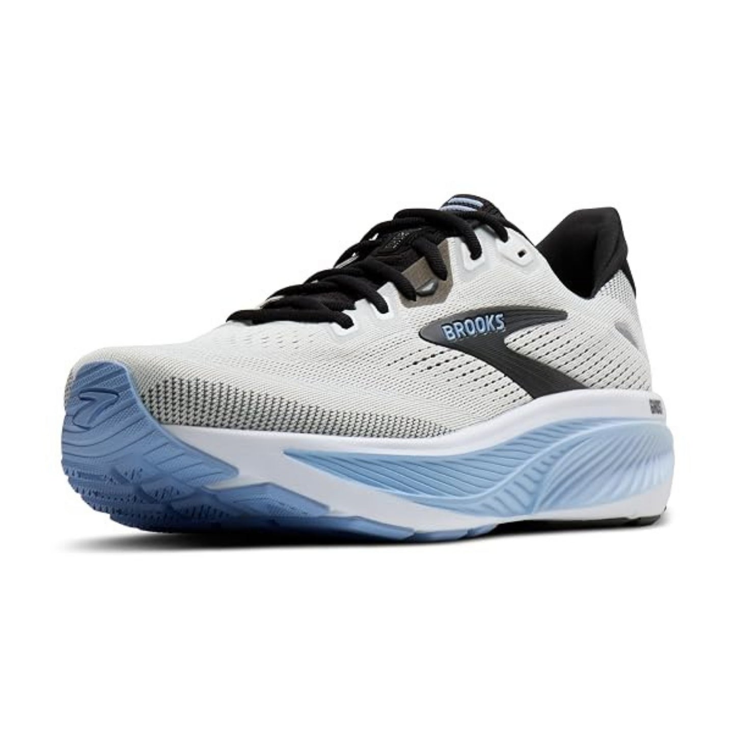 Brooks running shoe in white, black, and light blue, shown from a side profile view on a white background.