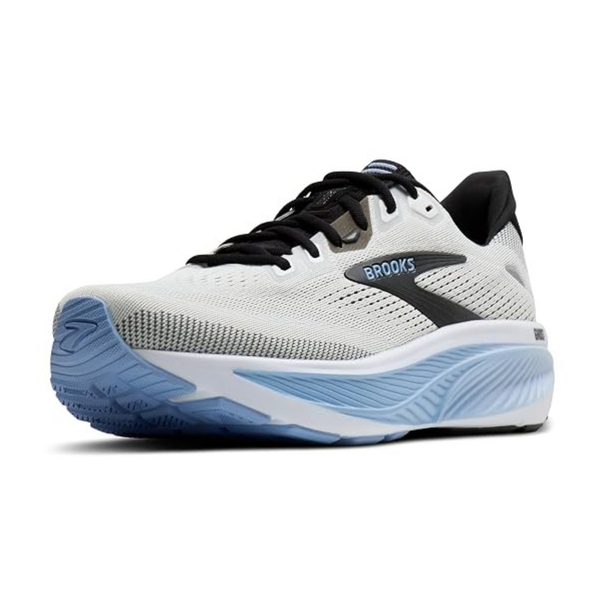 Brooks running shoe in white, black, and light blue, shown from a side profile view on a white background.