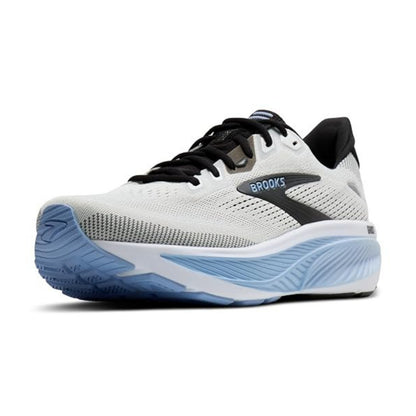 Brooks running shoe in white, black, and light blue, shown from a side profile view on a white background.