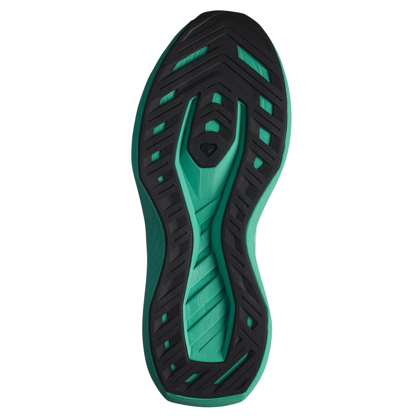 Green and black sole of a shoe on a white background