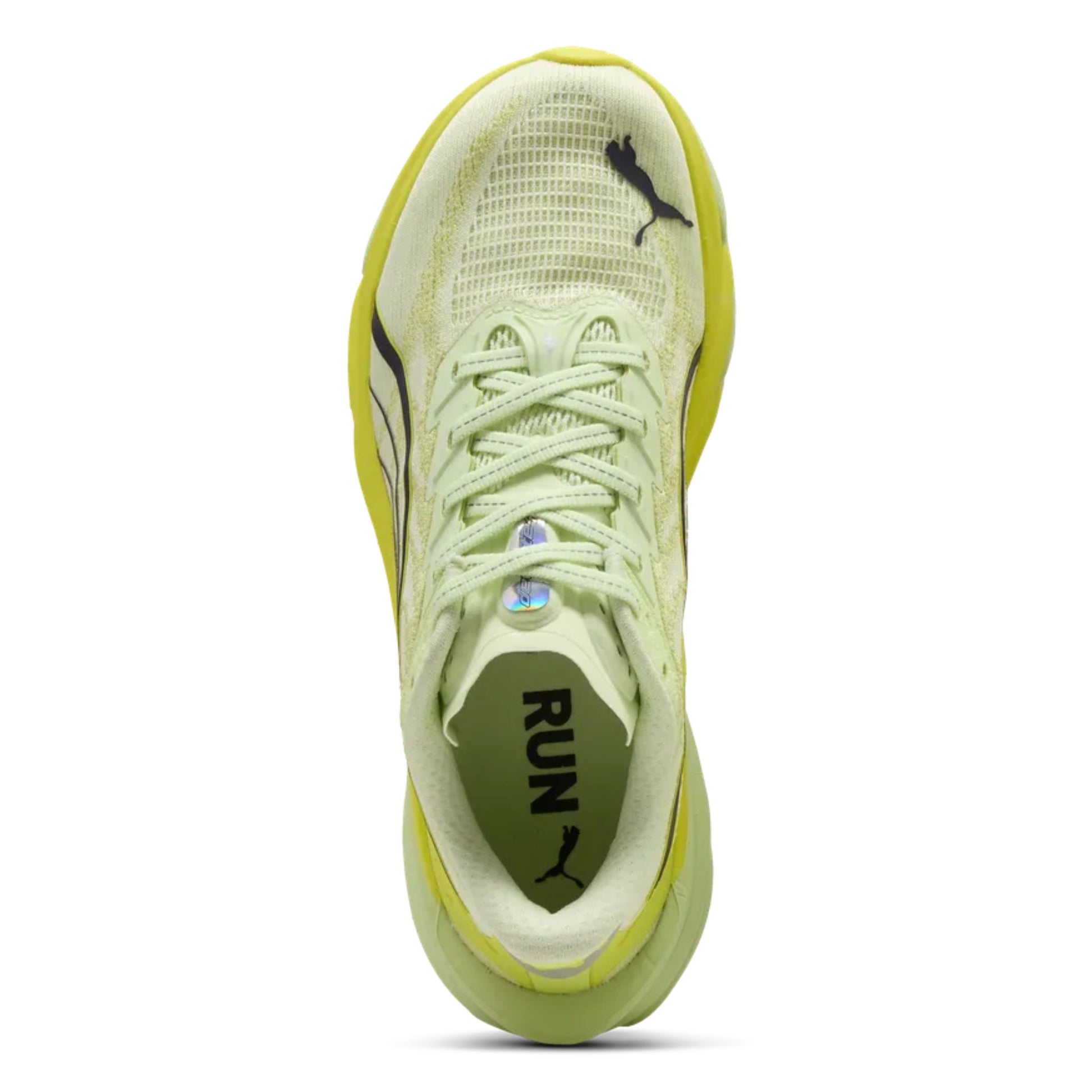Light green Puma running shoe with Puma logo on a white background
