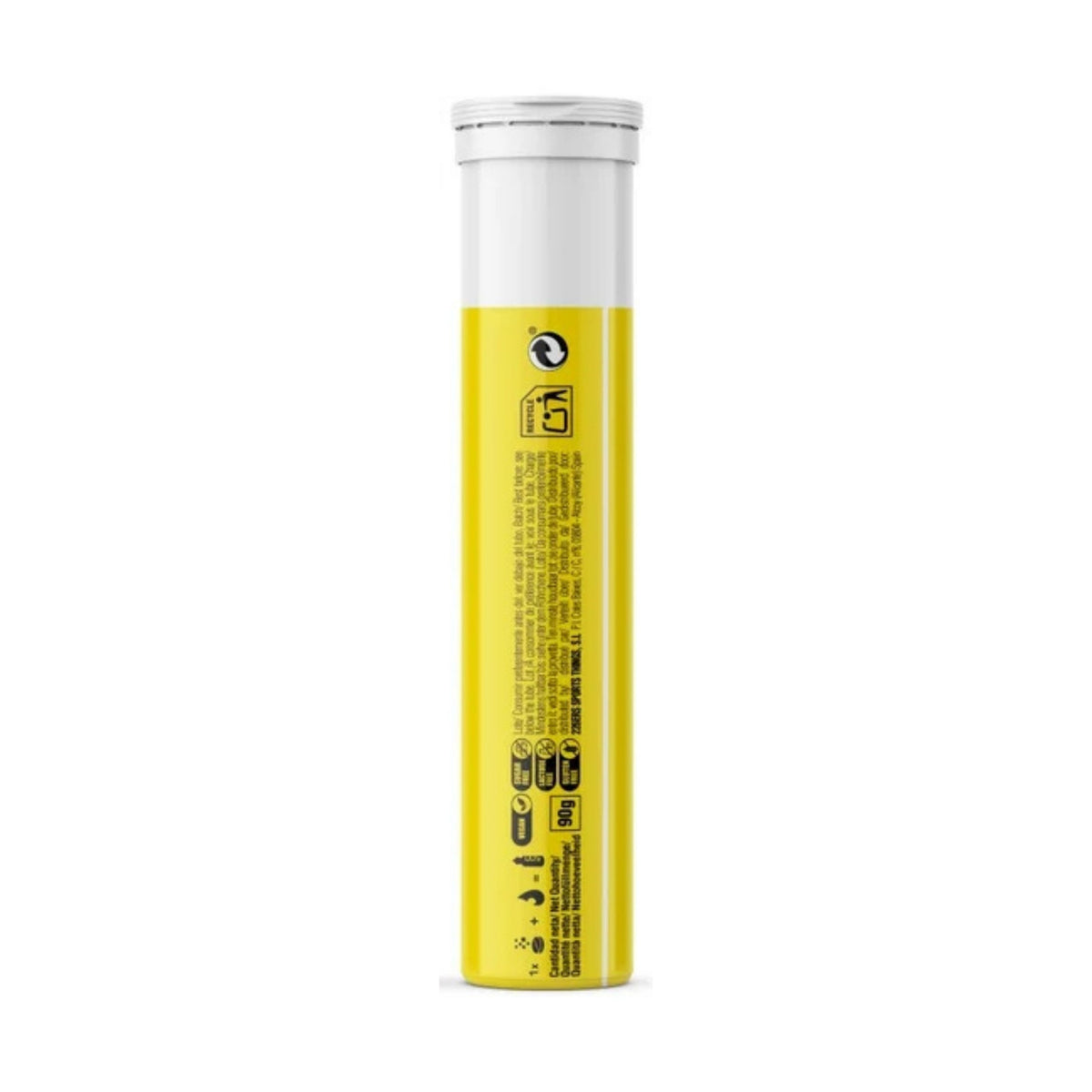 A single yellow cylindrical tube with a white cap, shown upright on a plain white background. The tube has black printed text and small icons on the side.