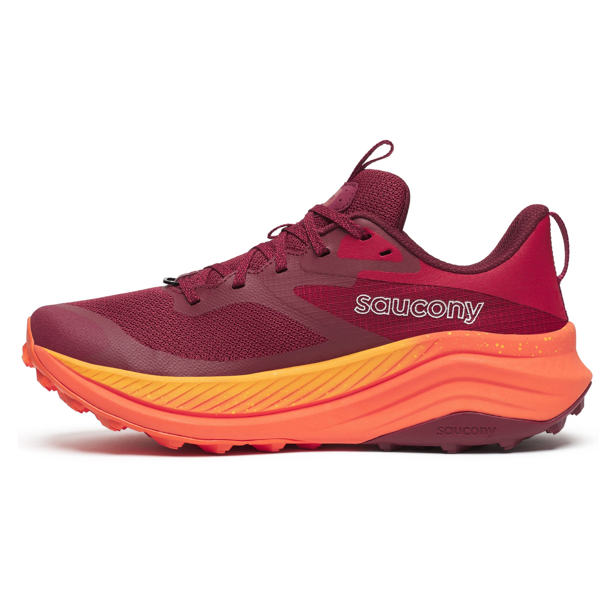 Maroon and orange running shoe with 'Saucony' branding on a white background