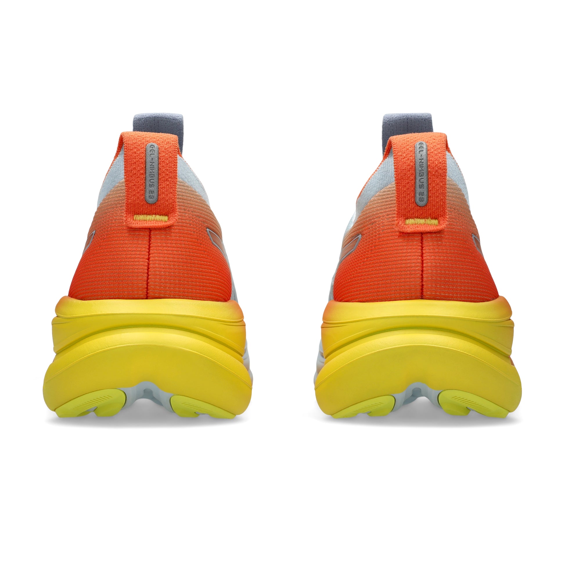 Back view of white and orange Asics running shoes on a white background