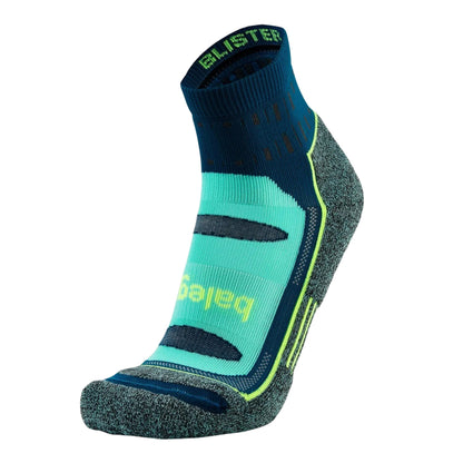 A single low-cut athletic sock from Bales, featuring a dark navy blue cuff and toe, a bright turquoise midfoot panel, dark gray heathered compression zones, and neon yellow-green accents and branding.