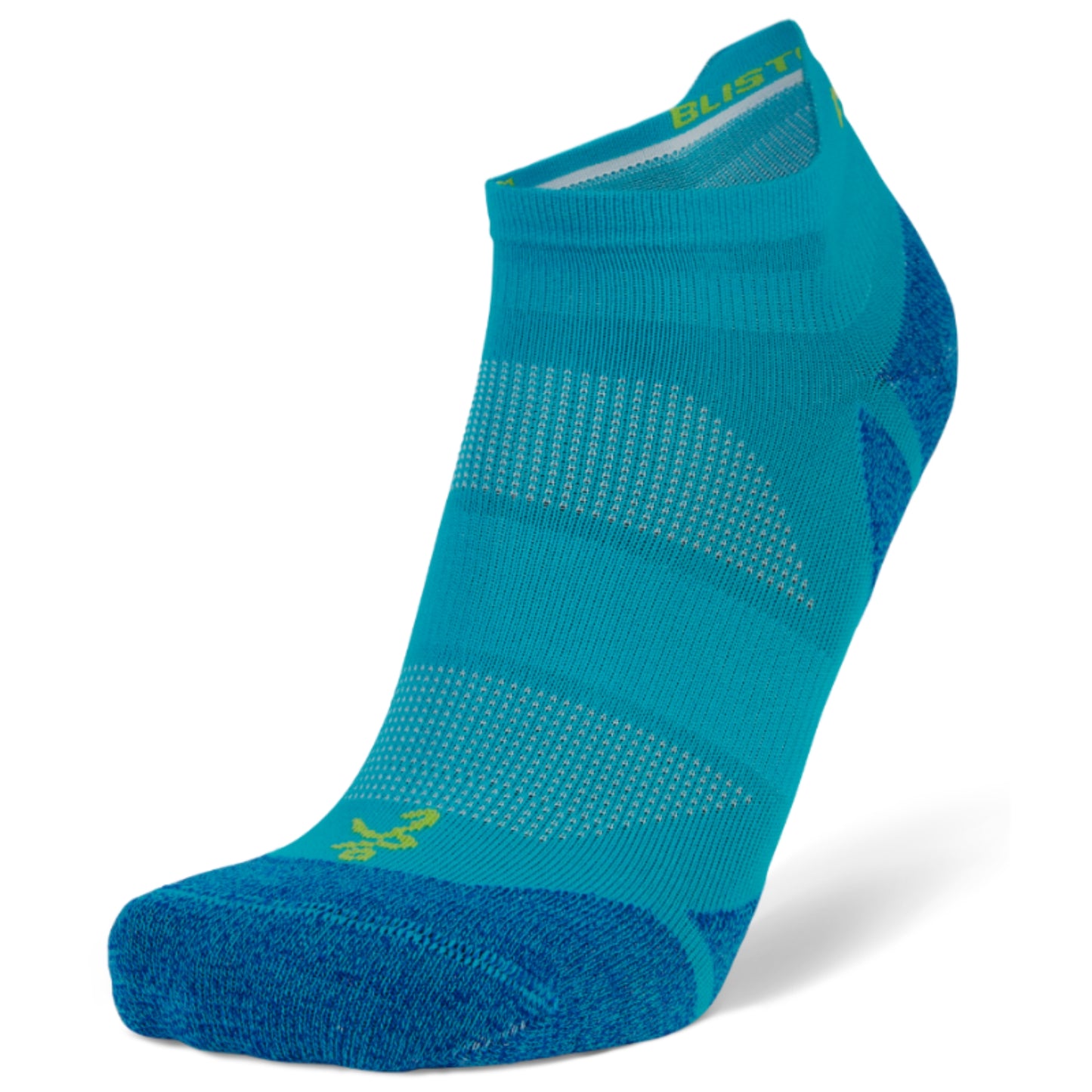Blue athletic sock with a white sole on a white background