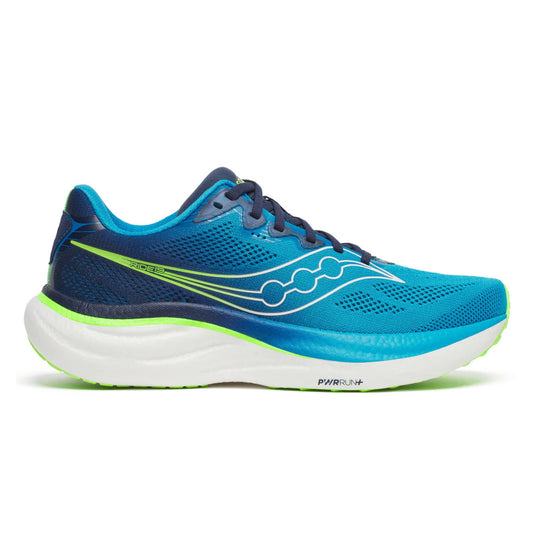 Blue Saucony running shoe with green accents on a white background