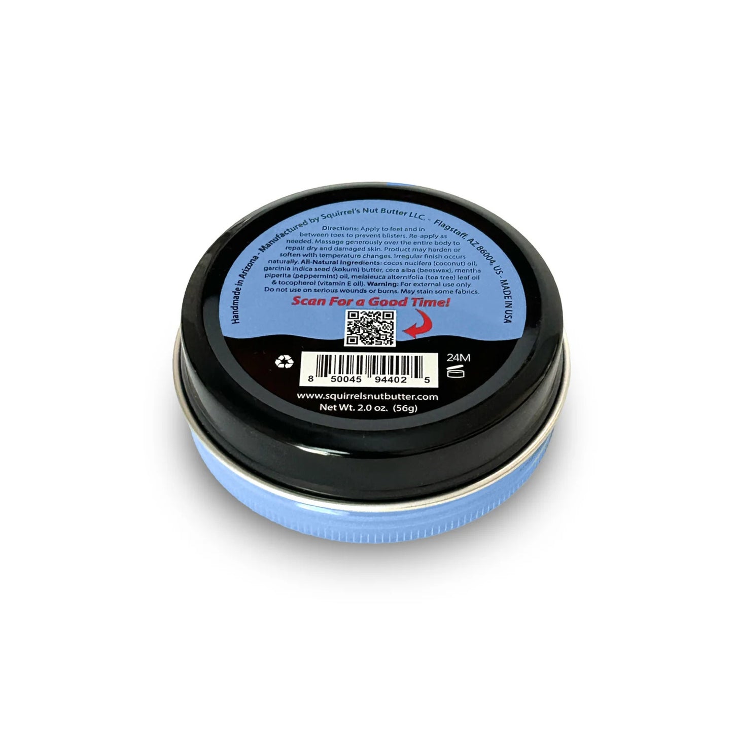 Small container with a black lid and blue base on a white background