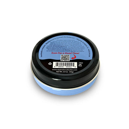Small container with a black lid and blue base on a white background
