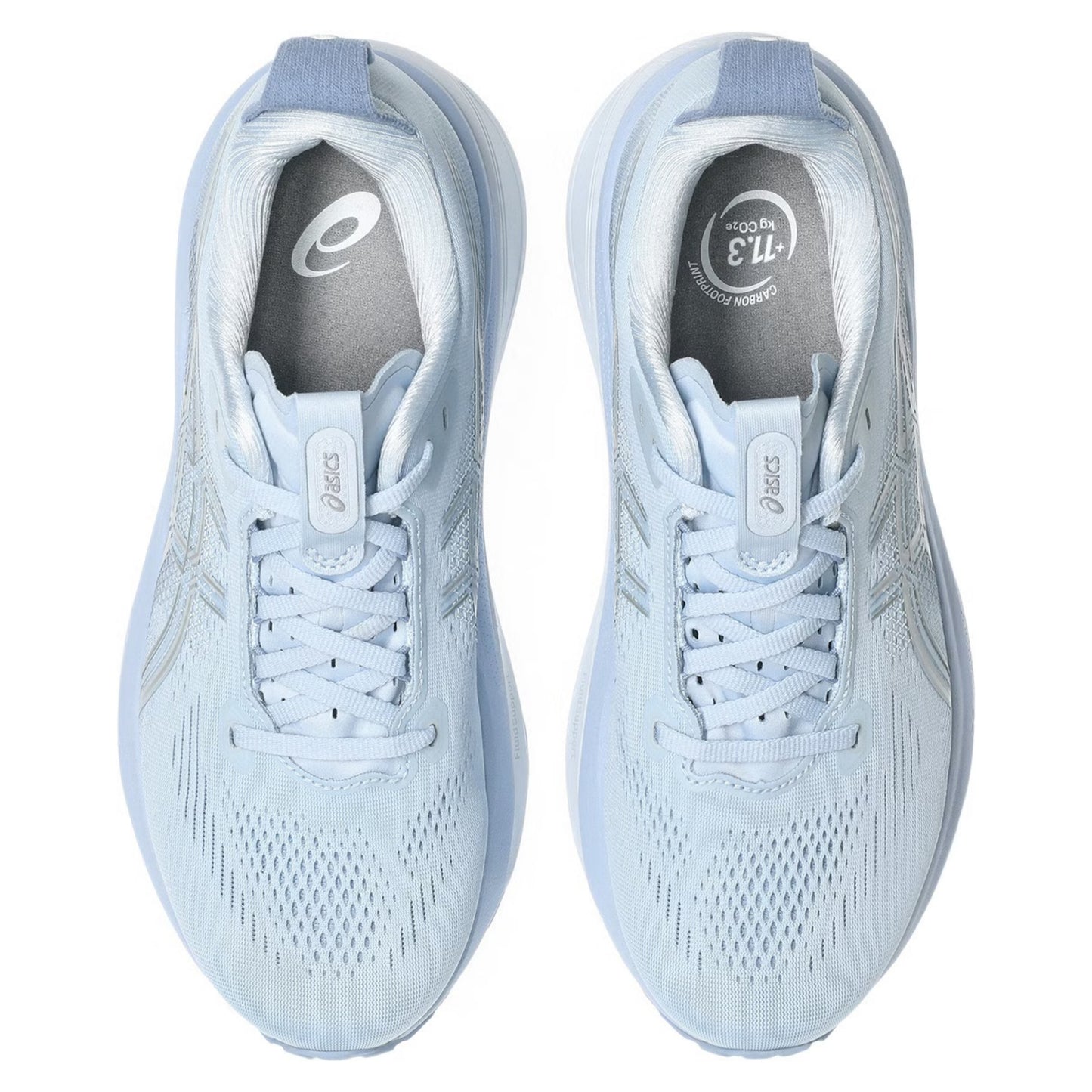 Light blue Asics running shoes on a white background