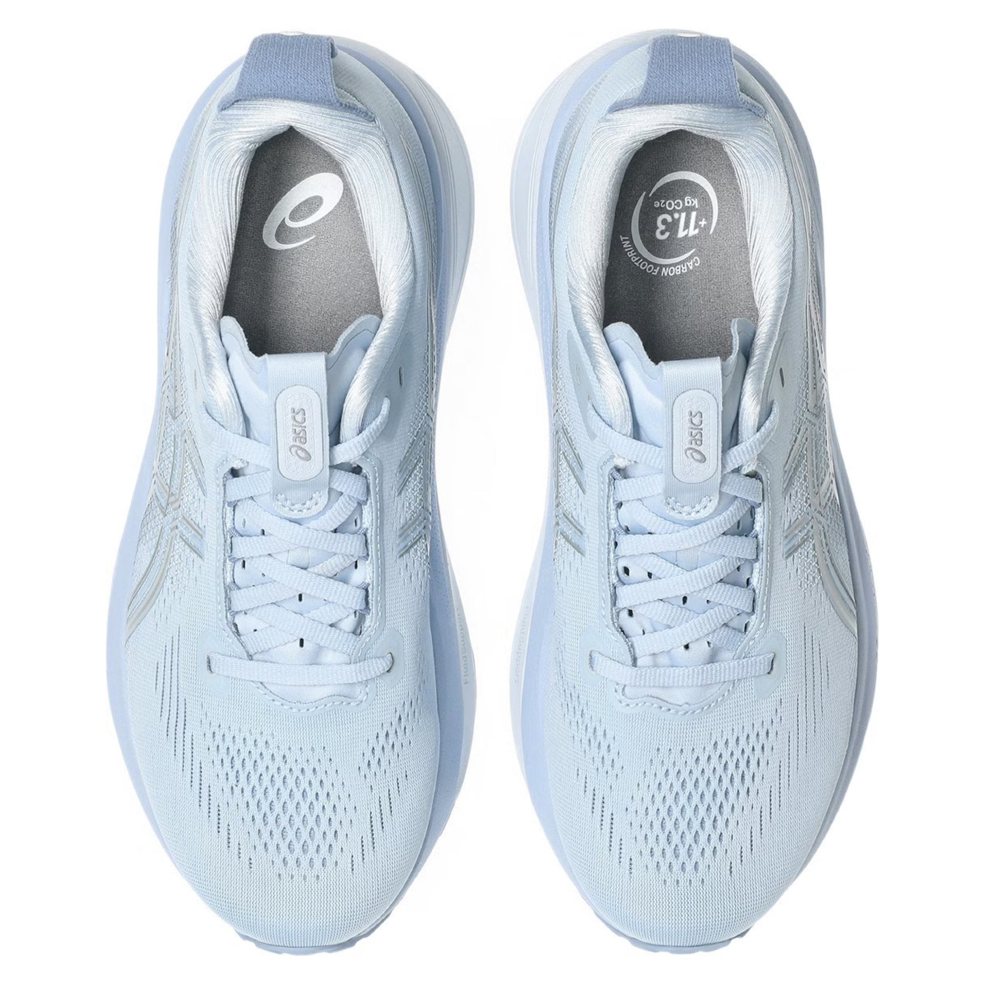 Light blue Asics running shoes on a white background