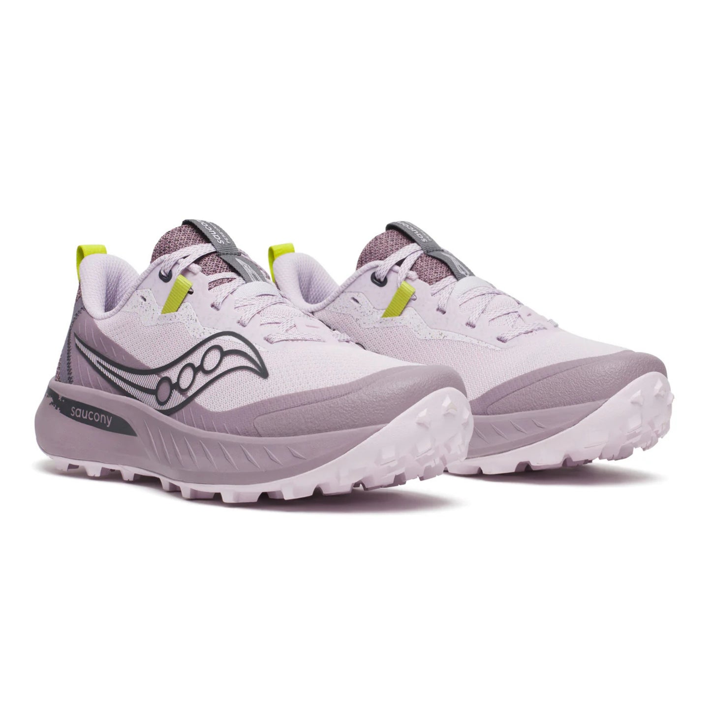 White and pink running shoes with green accents on a white background