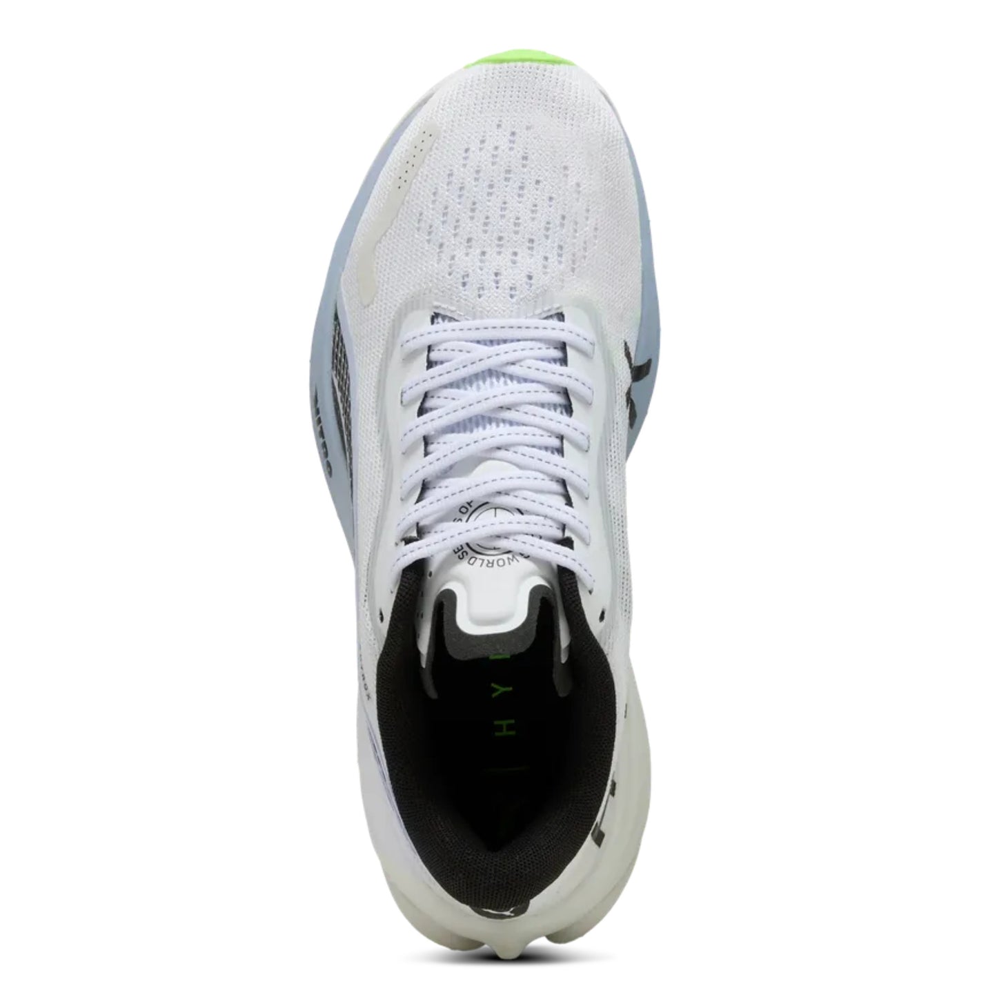 White Puma running shoe with black sole on a white background