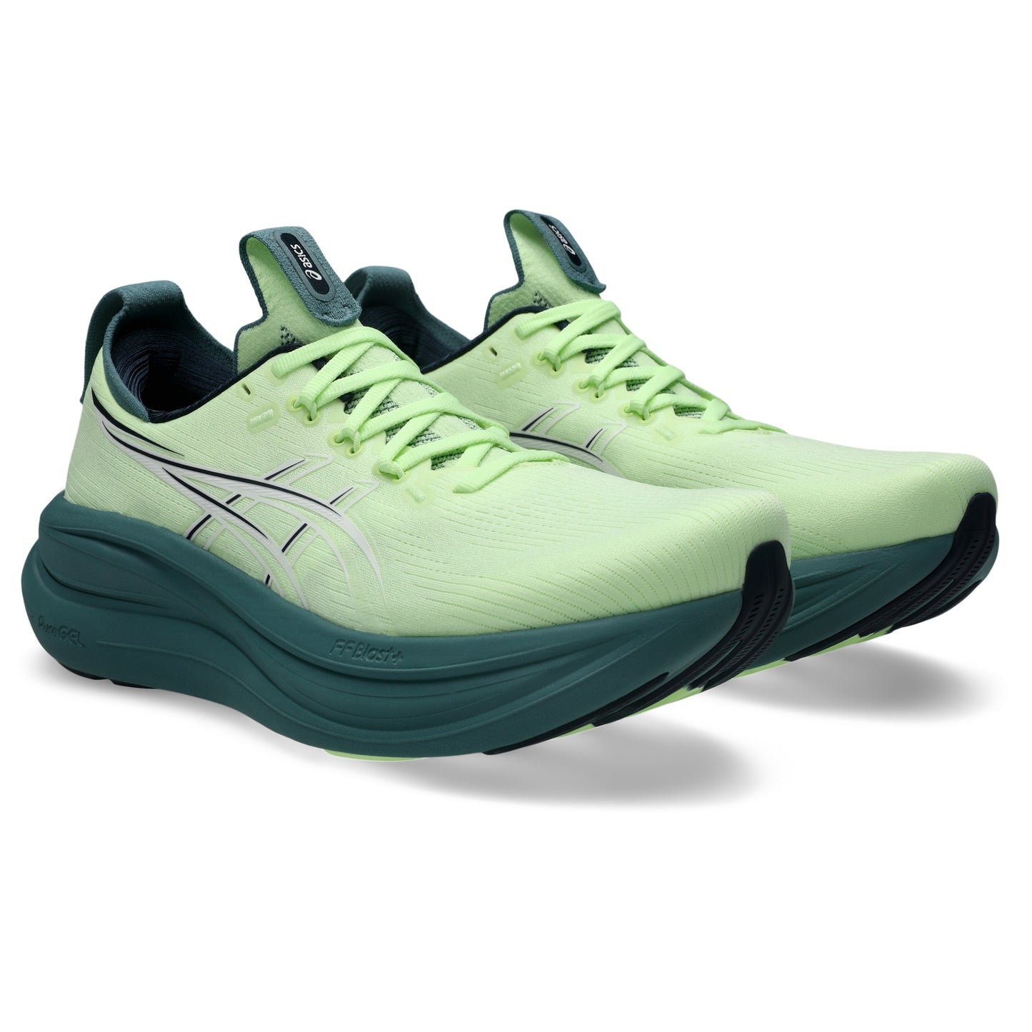 Light green Asics running shoes with a dark green sole on a white background