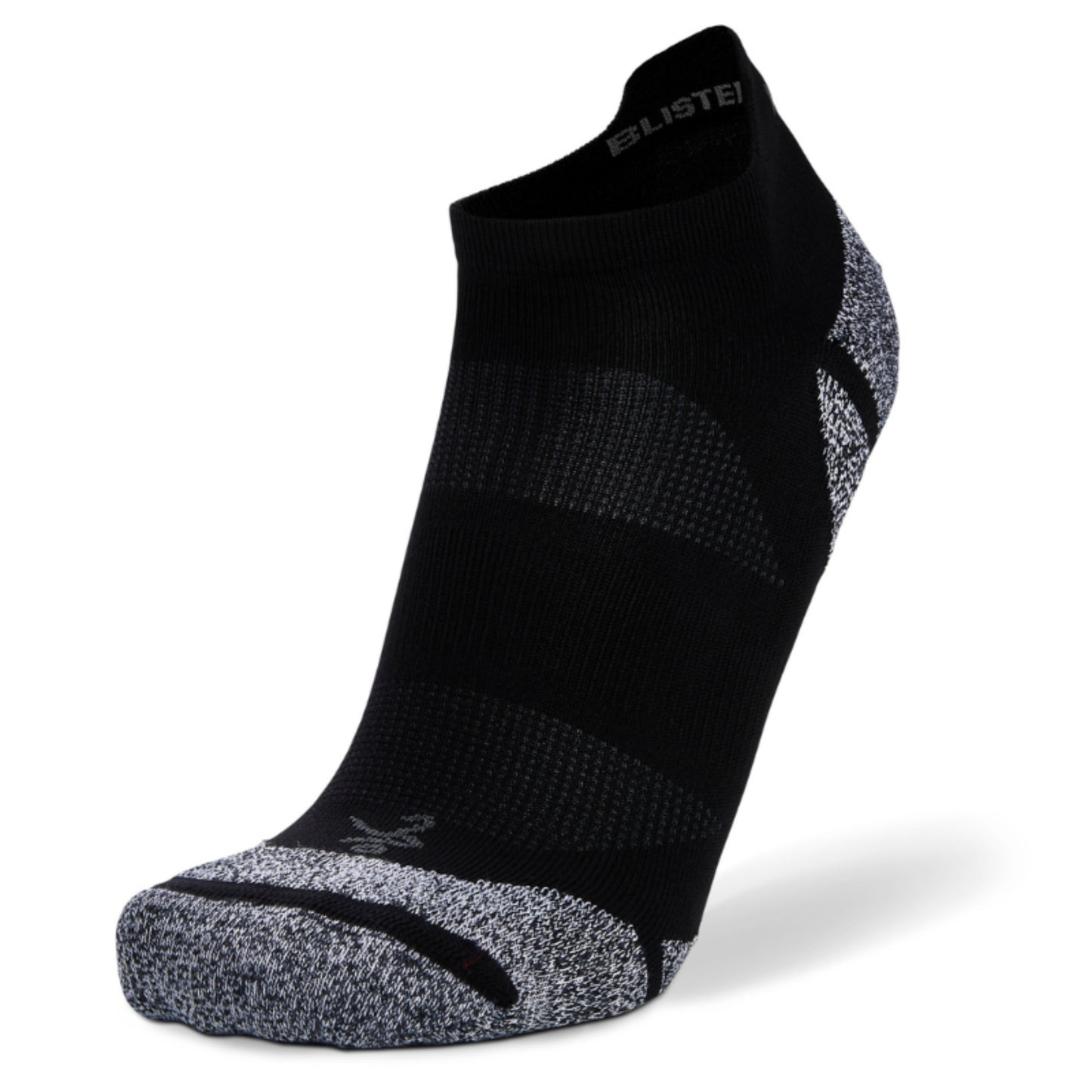Black athletic sock with gray heel and toe on a white background