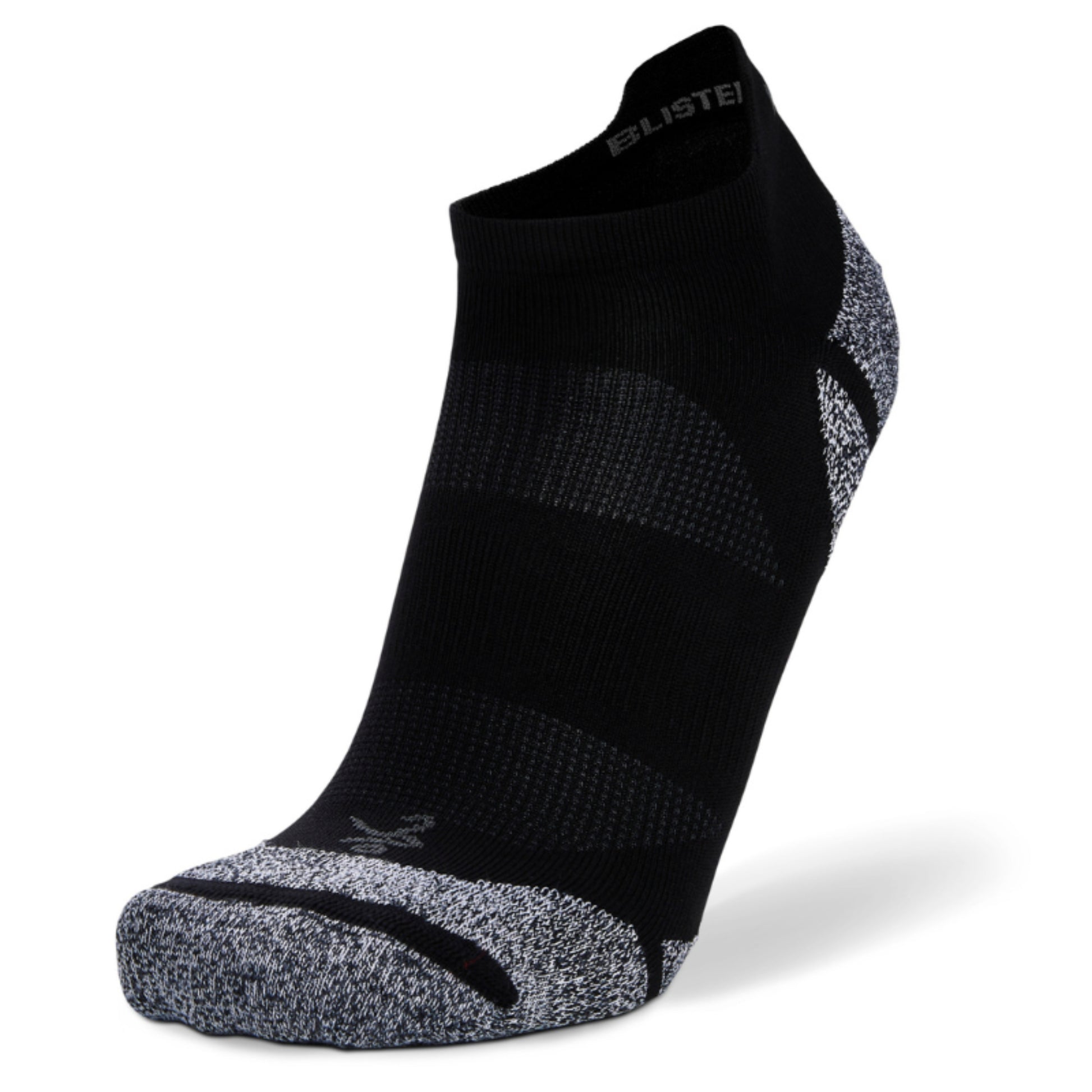 Black athletic sock with gray heel and toe on a white background