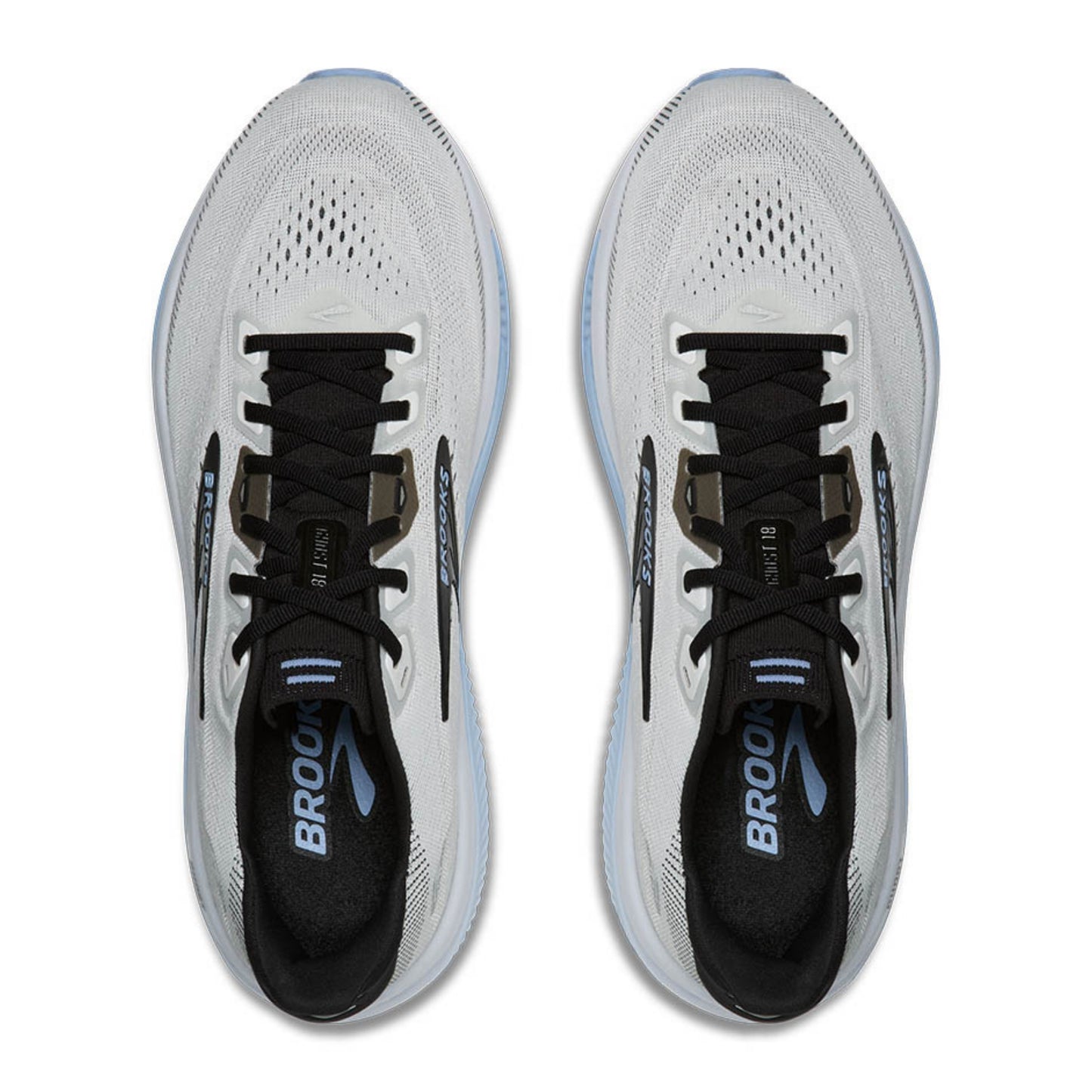 A pair of Brooks running shoes shown from a top-down view on a solid white background. The shoes are primarily white with black laces, black collar lining, and light blue accents on the logo and midsole.