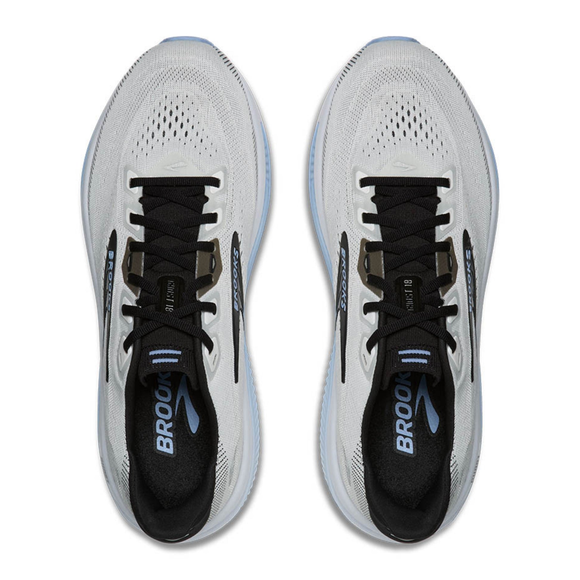 A pair of Brooks running shoes shown from a top-down view on a solid white background. The shoes are primarily white with black laces, black collar lining, and light blue accents on the logo and midsole.