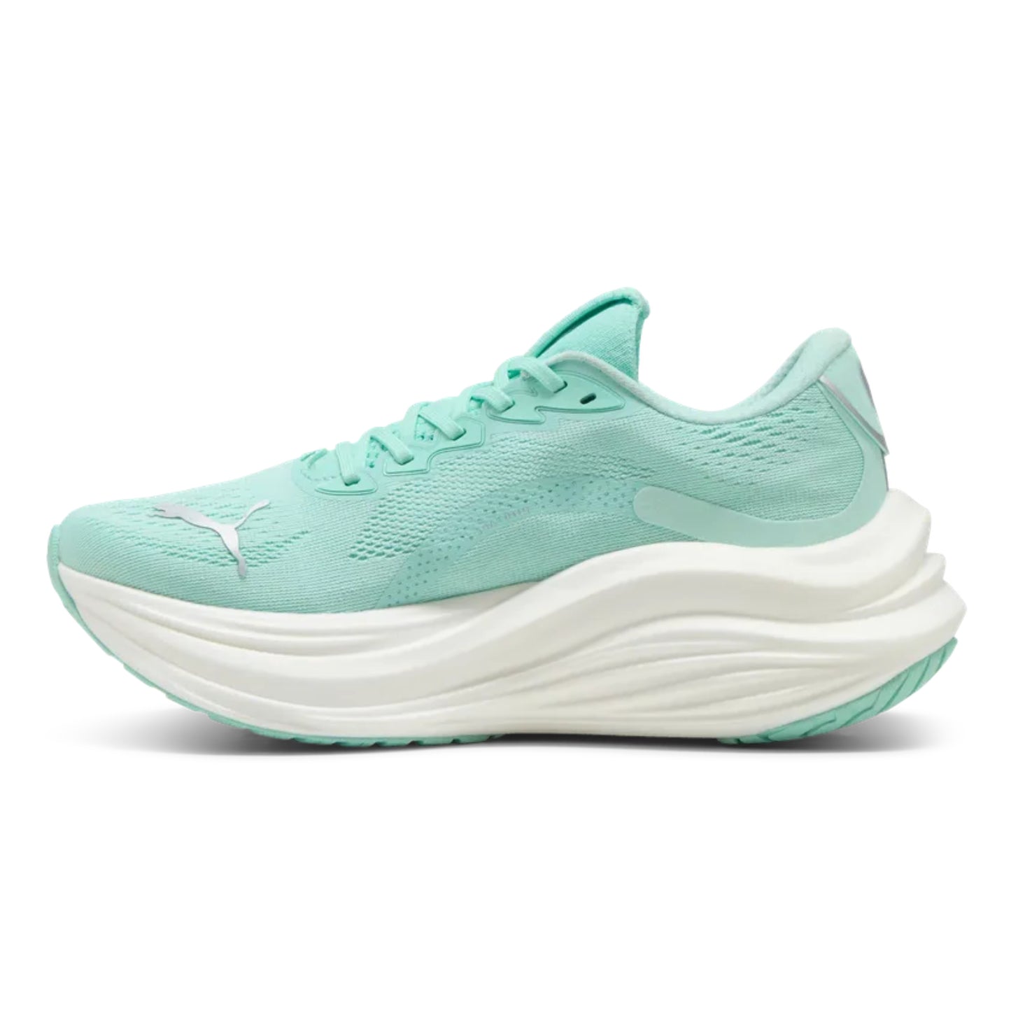 Mint green running shoe with white sole on a white background