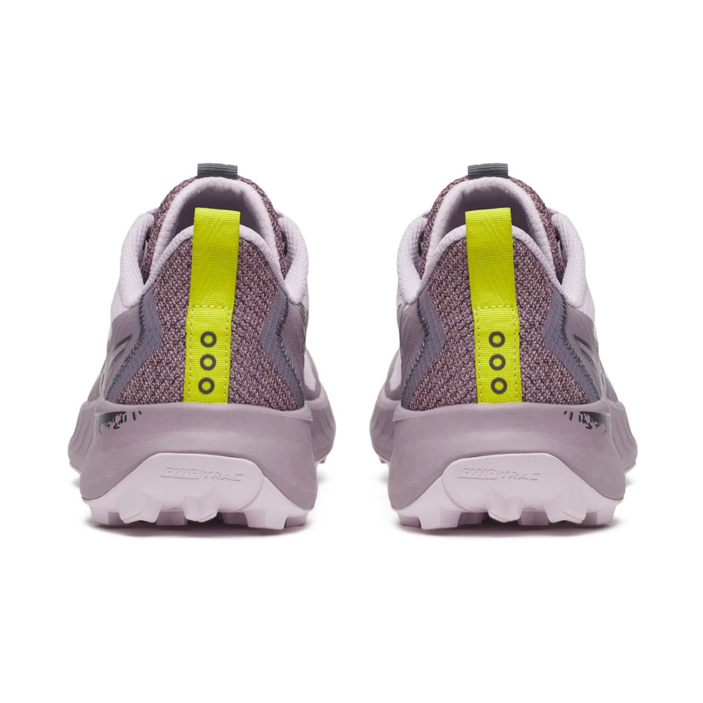 Pair of pink running shoes with a light green accent on a white background