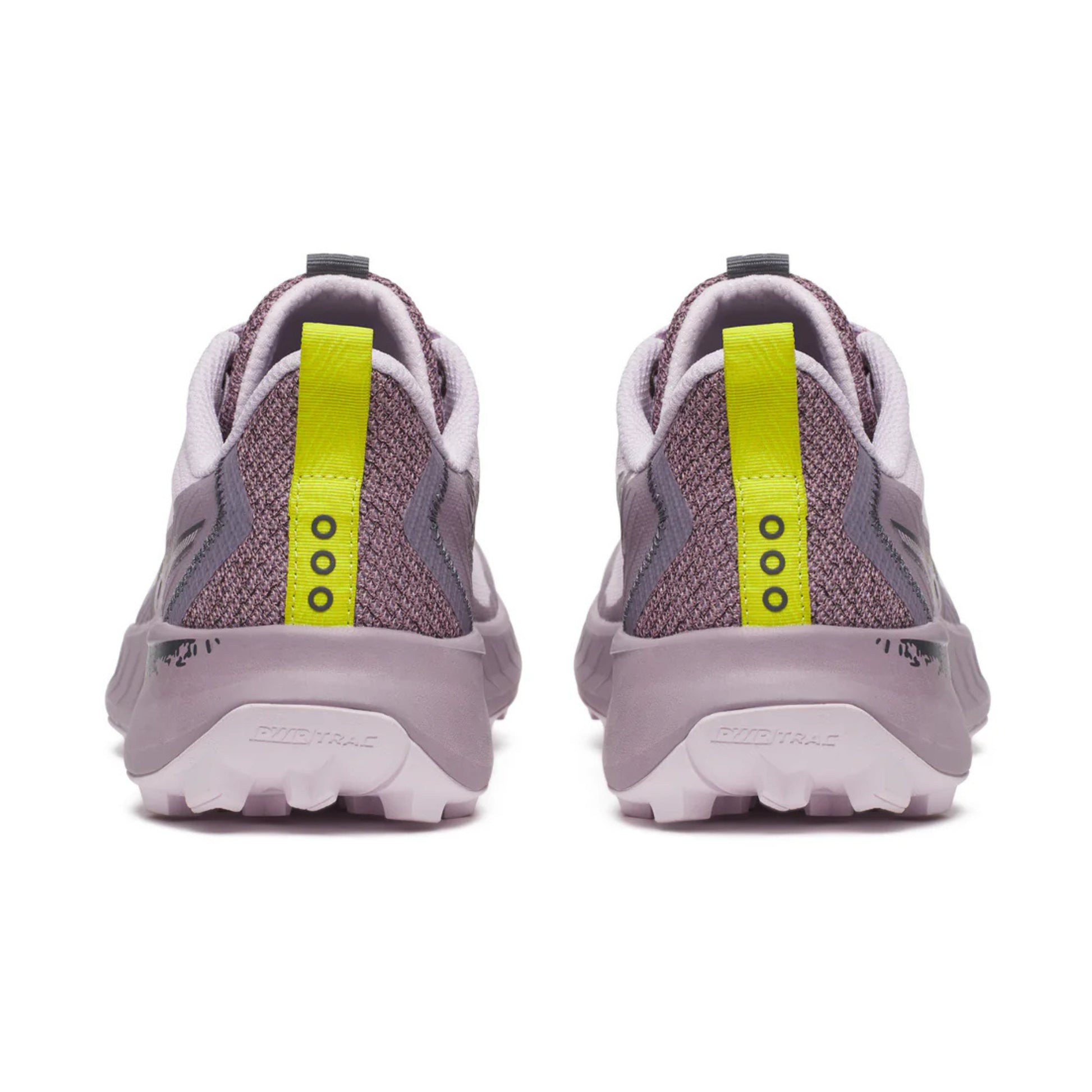 Pair of pink running shoes with a light green accent on a white background