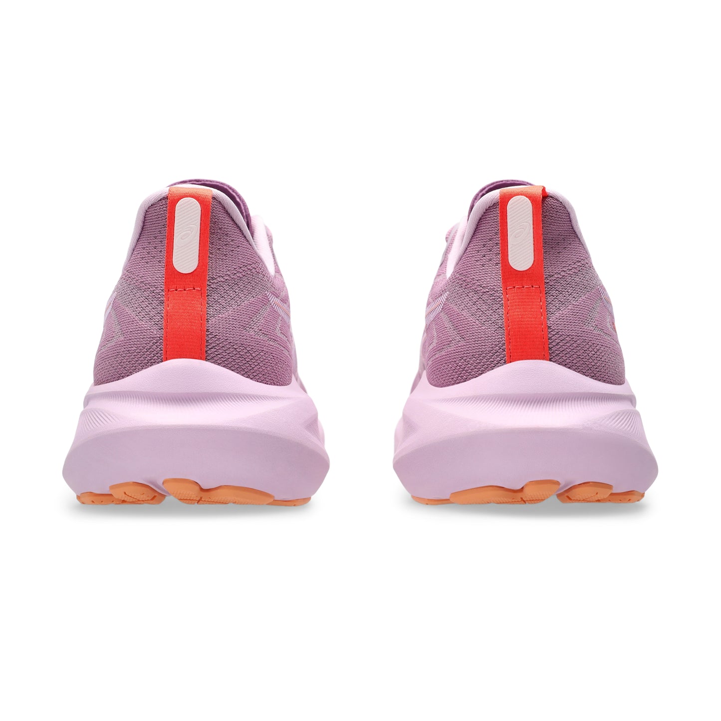 Ube running shoes with orange accents on a white background