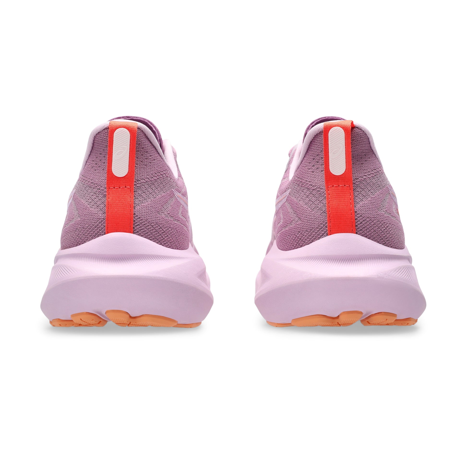 Ube running shoes with orange accents on a white background