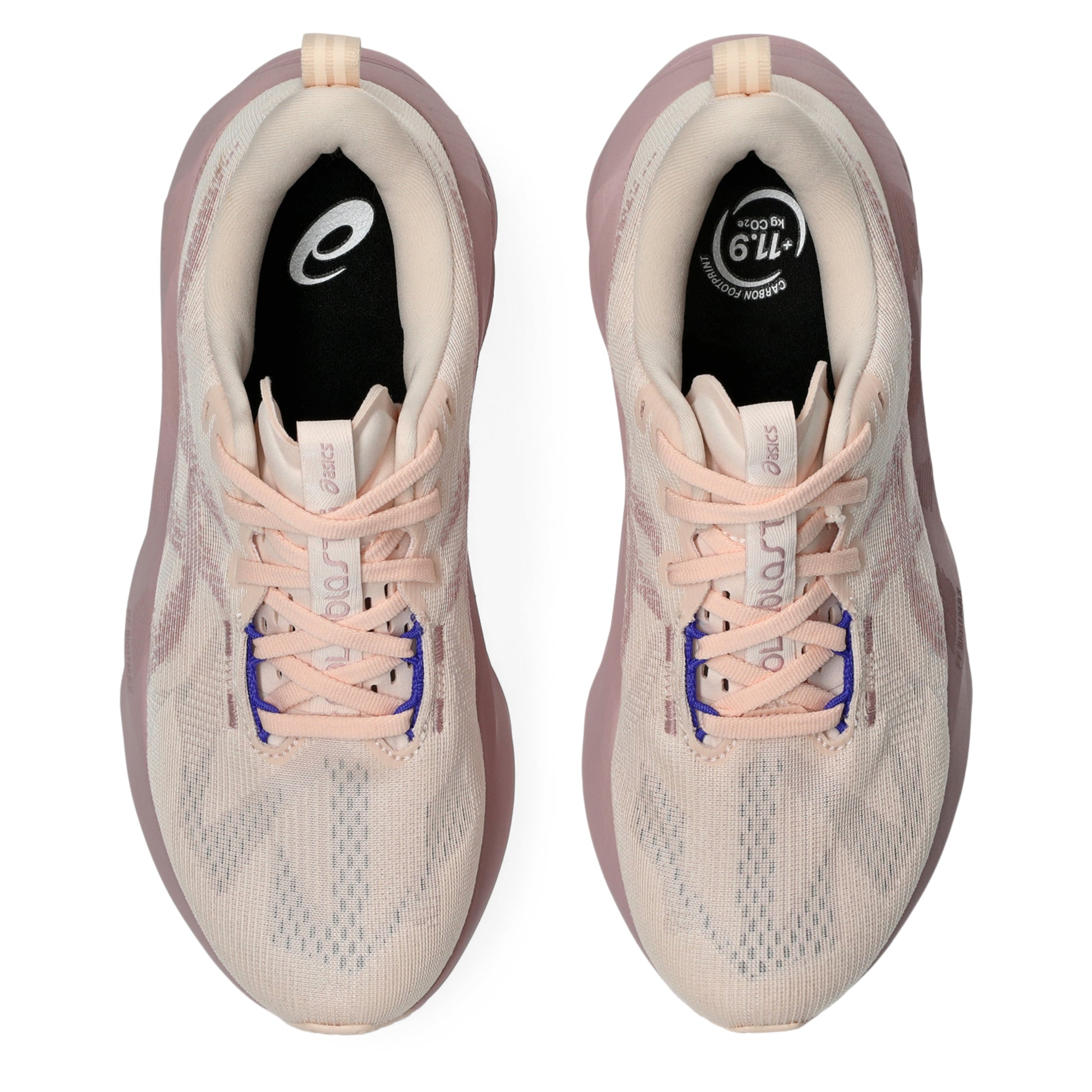 Pink Asics running shoes on a white background
