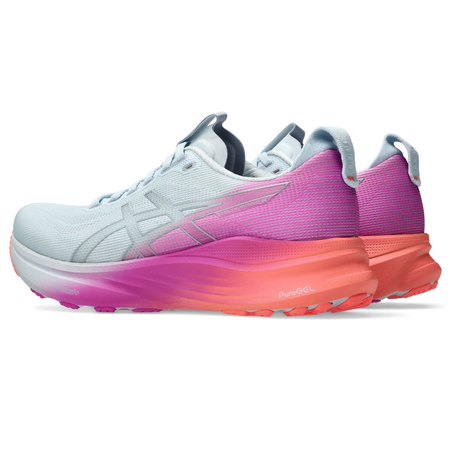Pair of Asics running shoes with gradient sole on a white background