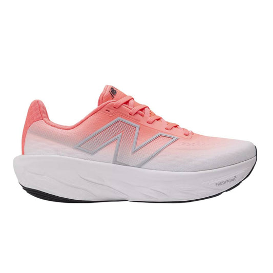Pink and white New Balance running shoe with New Balance logo on a white background