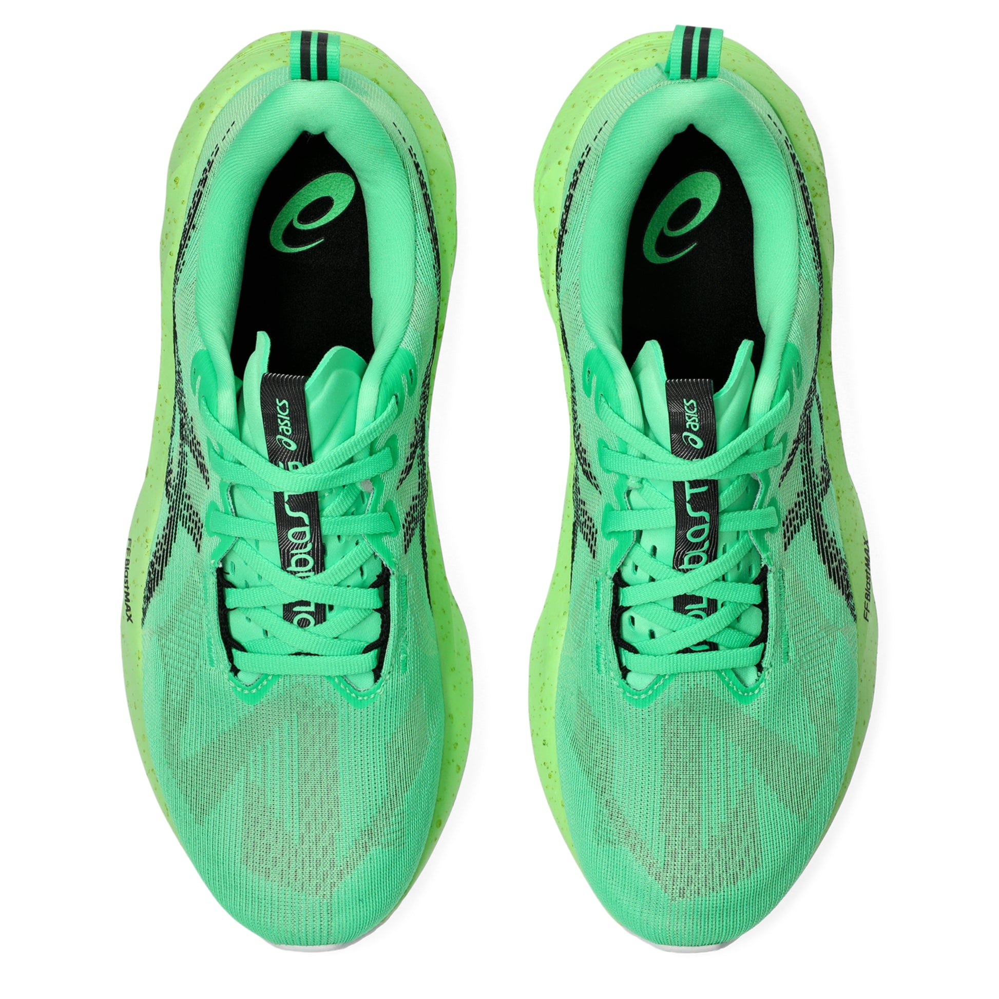 Pair of green Asics running shoes with black accents on a white background