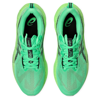 Pair of green Asics running shoes with black accents on a white background