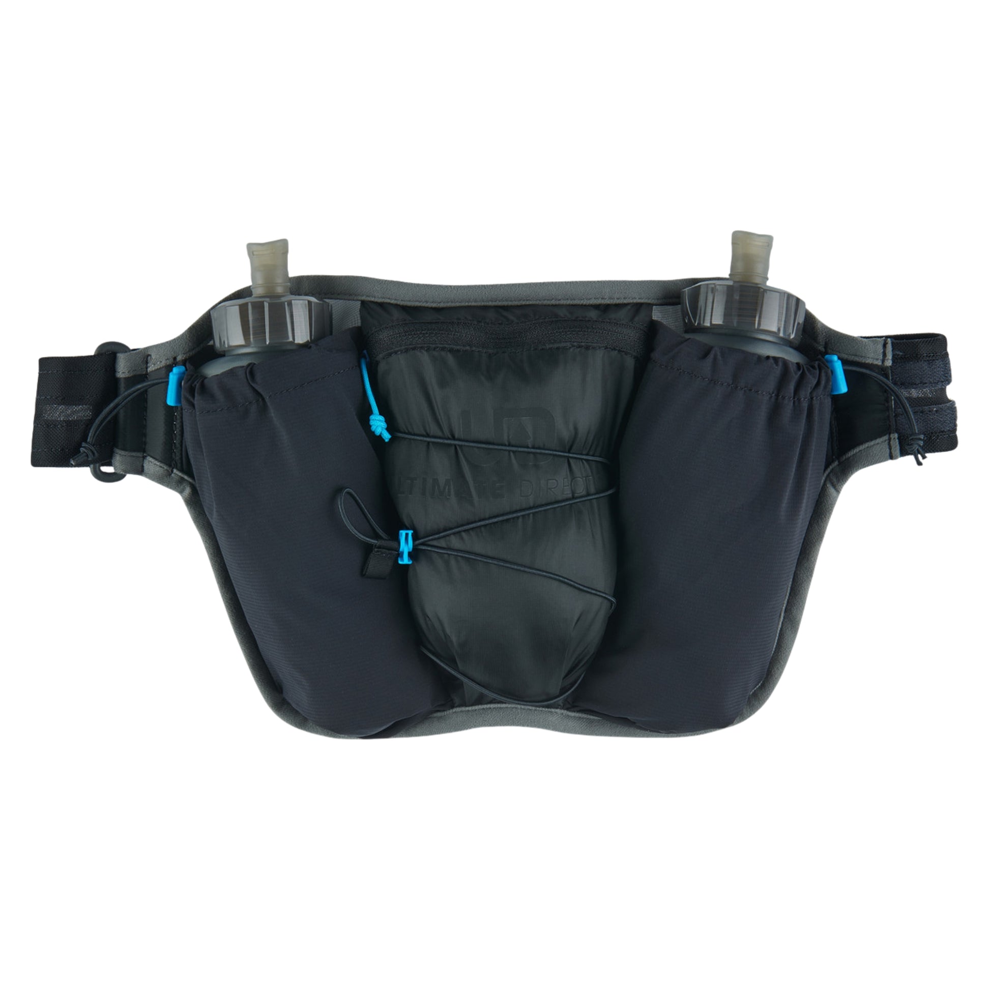 ULTIMATE DIRECTION ULTRA BELT ONYX Black waist bag with multiple pouches and straps on a white background